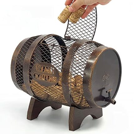 Rustic Metal Large Barrel Wine Cork Holder Display On Wooden Stand, Wine Lover Gift, Housewarming Gift, Home Bar Decor, Wine Gift, Engagement Gif