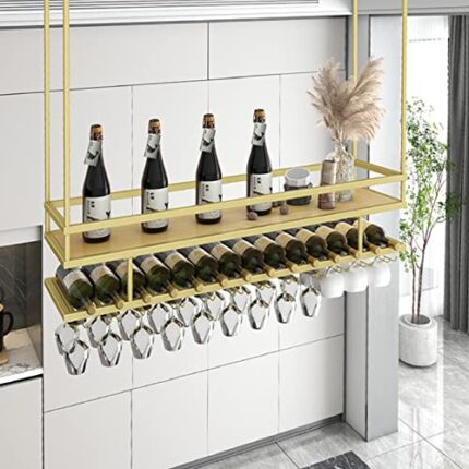 KEppd Wine Rack Ceiling Hanging Wine Glass Holder Wine Bottle Holder, Hanging Plant Shelf European Style Wrought Iron Wall-mounted Bottle Holder,