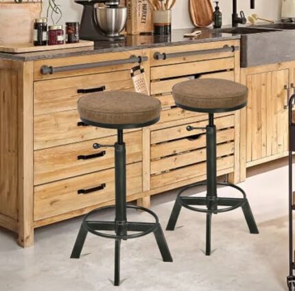 Diwhy Industrial Vintage Bar Stool,PU Seat Counter Stool,Height Adjustable 23.7-29.5inch Kitchen Cast Iron Stool,Swivel Bar Stool,Metal Stool Set