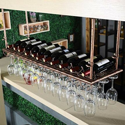 EYLINK Ceiling Wine Rack Adjustable Height, Metal Stemware Rack Industrial Vintage Bar Counter Wine Glass Rack Wine Bottle Holder - Rustic Bronze