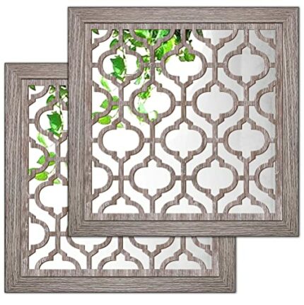 Yudarte 2pcs Set Square Moroccan Cutout Wall Mirror Decor - Farmhouse Rustic Decorative Mirrors for Bedroom Bathroom Living Room Kitchen Entryway
