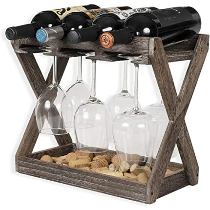 DISHENGZHEN 4 Bottles Wooden Wine Rack for Bottles, Free Standing Wine Storage Holder with Glass Rack, Free-Standing Water Bottle Holder for Kitc