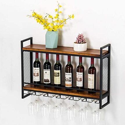 Vintage Rustic Floating Shelves Wine Rack, Bar Kitchen Metal and Wood Wine Bottle Rack Wine Stemware Rack Goblet Holder 2 Tiers Wall Shelf (Size