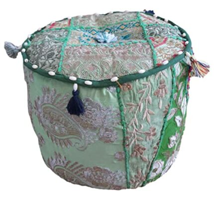 PUSHPACRAFTS Ottoman Pouf Indian Bohemian Style Interior Decor Footstool Floor Pillow Indian Embroidered Pouf Pouffe Patchwork Chair for kids Gre