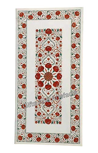 Gifts And Artefacts 30 x 60 Inches Rectangle Shape White Marble Office Meeting Table Top Floral Pattern Inlay Work Dining Table for Home Furnitur