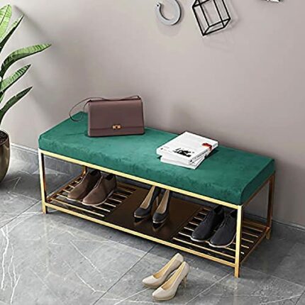 Entrance Bench With Gold Shoe Rack Velvet Shoe Stool Seat Shoe Rack Living Room Shoe Rack Bench Storage Stool,Green,60X35X45Cm(24X14X18Inch)