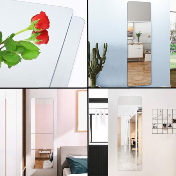 CURTEK 4 Pieces Full Length Wall Mirror Tiles 9.8x9.8 Inch Self Adhesive Door Mirror Unbreakable Wall Frameless Mirror Aesthetic Room Decor Mirro
