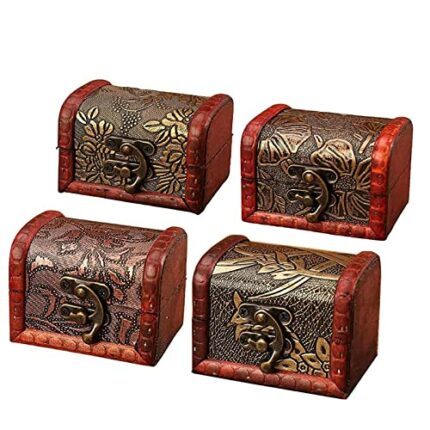 4 Pieces, Mini Wooden Treasure Chest, Small Wooden Treasure Chest, Vintage Small Treasure Chest, Wooden Chest, Small Vintage Wooden Jewellery Box