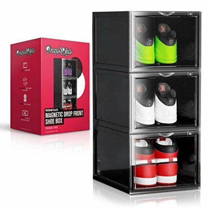PUMPS&KICKS Shoe Storage Organizer Boxes | 3 Pack | Black | Stackable for Closet | Drop Front Clear Opening | Extra Large for High Top sneakers,