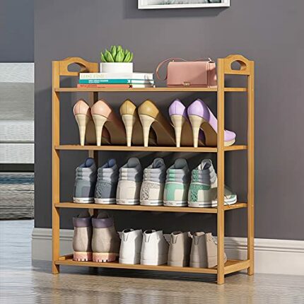 aimu 4 Tier Bamboo Shoe Rack,Shoe Organizer Free Standing Entryway Shoe Tower Shelf,Multi-function Storage Organizer Boots Storage Shelf Home Fur