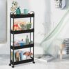 4-Tier Storage Trolley Cart, Slide-Out Cart with Wheels Rolling Utility Shelf Rack for Kitchen Bathroom with Hanging Cups & Partition