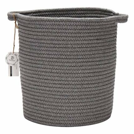 Sea Team 11.8" H x 9.1" D Natural Cotton Thread Woven Rope Storage Basket Bin Hamper with Handles for Nursery Kid's Room Storage (Grey)