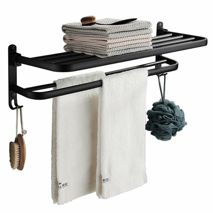 MENES Bathroom Towel Rack, Aluminum Wall Mounted Stainless Steel Self Adhesive Towel Rail, Towel Holder with 2 Towel, with 5 Hooks, for Home Bath
