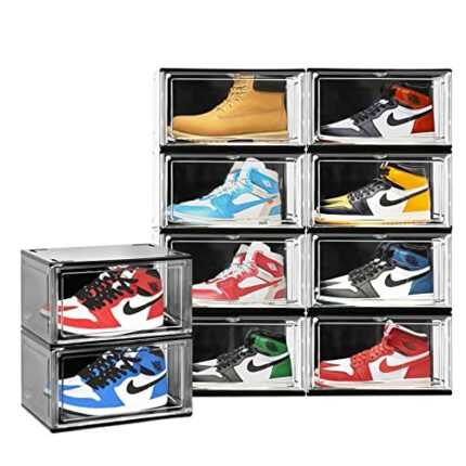 EDS FAM 10 Pack Shoe Storage Box Clear Plastic Stackable Acrylic with Magnetic Door Storage for Sneakerheads Boot Display Case Black