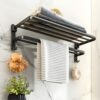 yozhch Black Towel Rail Wall Mounted Towel Rack Bathroom Towel Holder Self Adhesive Towel Rail with Shelf 90° Foldable 2 Tier Towel Bar (58cm)