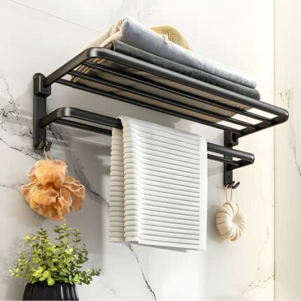 yozhch Black Towel Rail Wall Mounted Towel Rack Bathroom Towel Holder Self Adhesive Towel Rail with Shelf 90° Foldable 2 Tier Towel Bar (58cm)