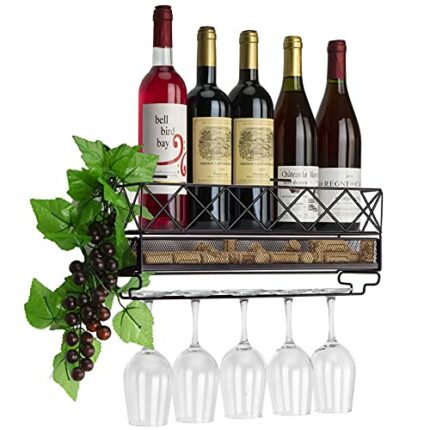 CLTYQ Wine Rack Wall Mounted Glass Floating Racks with cork rack metal bottle rack Modern Plants Photos Wine Display Storage Holder for Kitchen D