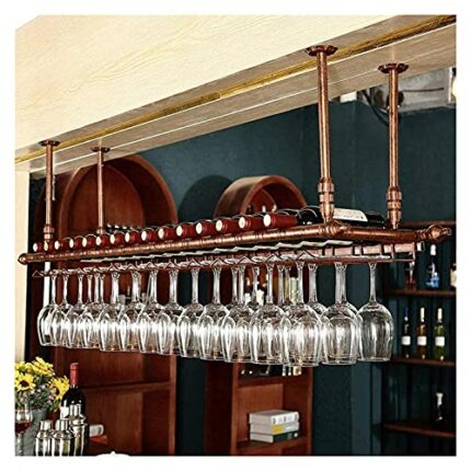 SUCHETA Hanging Wine Rack with Glass Holder and Shelf, Hanging Wine Racks Ceiling Mounted Wine Bottle Holder Metal Iron Stemware Racks Wine Glass