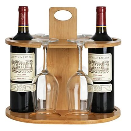 Countertop Wine Bottles Holder Racks, Bamboo Wine Glass Holder, Wine Storage Organizer Free Standing, Wine Display Shelves with 4 Wine Glass Dryi