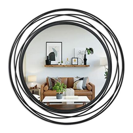 VELLQUE 36 inch Round Mirror Fireplace,Circle Wall Mirror for Bathroom Vanity,Large Circle Mirror for Wall Decor,Black Mirror for Bedroom,Hallway