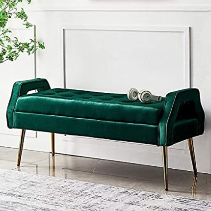Bedroom Bench Velvet Upholstered Bench Seat,Luxurious End Of Bed Bench With Golden Legs,Comfybench Multifunction,Green,100X46X55Cm