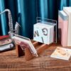 AHANDMAKER Vinyl Record Storage Holder - Stacks up to 50 Albums, Solid Wood with Crystal Clear Acrylic Record Holder - Desktop Vinyl Record Stora