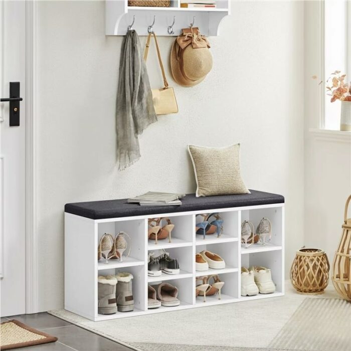 TJLSS 10 Cubbies Shoe Storage Bench Wood Foam and Fabric White Shoe Cabinets Muebles Door-to-door Shoe Cabinet