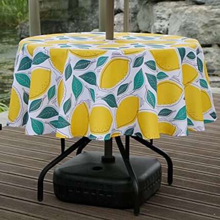 BTSKY 60 Patio Outdoor Umbrella Tablecloth with Zipper and Umbrella Hole, Water and Stain Resistant Round tablecloth, Lemon