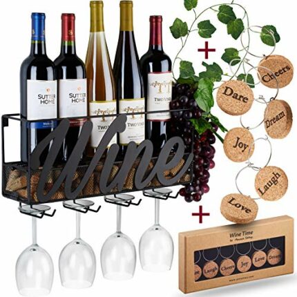 Wall Mounted Wine Rack - Bottle & Glass Holder - Cork Storage - Store Red, White, Champagne - Comes with 6 Cork Wine Charms - Home & Kitchen Déco