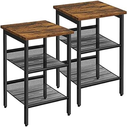 VASAGLE Side Table Set, Nightstand, Industrial Set of 2 Bedside Tables, with Adjustable Mesh Shelves, Living Room, Bedroom, Hallway, Office, Stab
