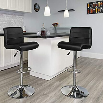 Flash Furniture 2 Pack Contemporary Vinyl Adjustable Height Barstool with Rolled Seat and Chrome Base, Foam, Metal, Plastic, Black, Set of 2