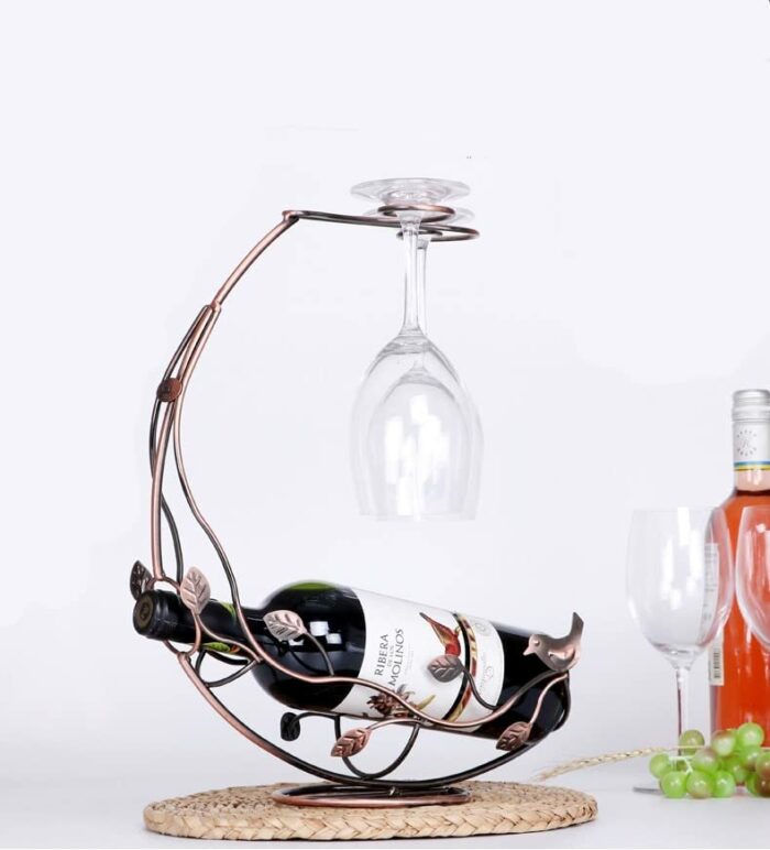 Ecostan Wine Holder Stand &Kitchen Tabletop Decoration，Metal Wine Bottle Rack for Holds 1 Bottle 2 Glasses（Bronze）