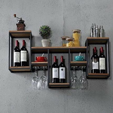 Vintage Wine Rack Wall Mounted Iron and Wood Wine Shelf Wine Glass Holder, Wall Hanging Stemware Goblet Holder Upside Down, Restaurant Home Kitch