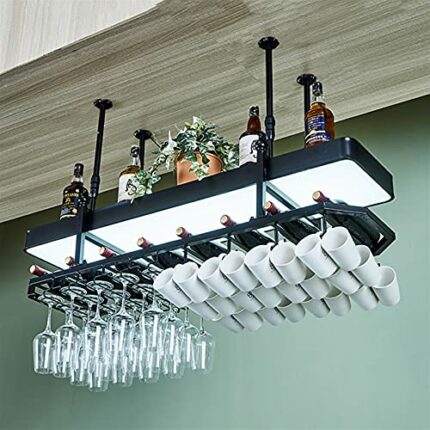 EYLINK Hanging Wine Glass Holder, Black Wine Rack, With Light Box, Adjustable Boom, Household Multifunctional Wine Rack Home Decoration
