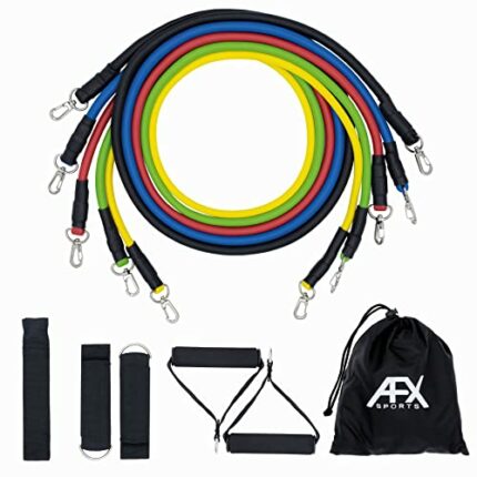 AFX Sports Exercise Resistance Bands Set, Fitness Stretch Workout Kit, 5 Tubes, 2 Foam Handles, 2 Ankle Straps, Door Anchor for Men Women, Home G