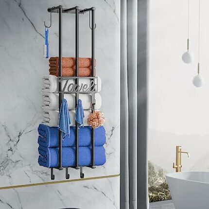 Towel Rack Wall Mounted - Space-saving Bathroom Storage | Black Towel Rail with Hooks, Holder | Easy Installation | Stylish & Functional