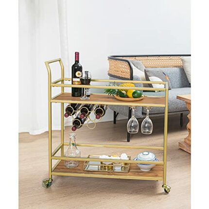 RiteSune Gold Kitchen Trolley Cart, Home Bar Serving Cart with Wine Rack, 2 Tier Wine Cart with Lockable Wheels for Kitchen, Living Room