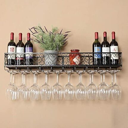 EYLINK Kitchen Wall Storage Organizer Rack Wall Mounted Wine Racks, Rustic Metal Wine Bottle Holder Wine Stemware Racks, Vintage Bar Unit Floatin