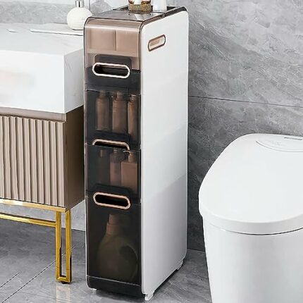 Narrow Bathroom Storage Cabinet with Drawer, 4-Tier Large Capacity Tall Slim Bathroom Floor Cabinet with Plastic Drawers and Casters Vertical Sto