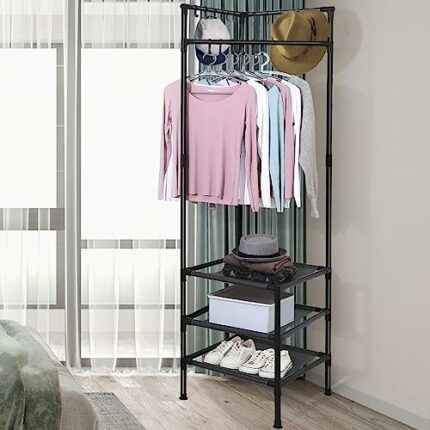 Cyiecw Clothes Rack, Corner Coat Rack, Metal Clothes Rack, Small Slim Clothes Rack, Black with Shoe Rack, Clothes Stand with 10 Hooks, for Bedroo