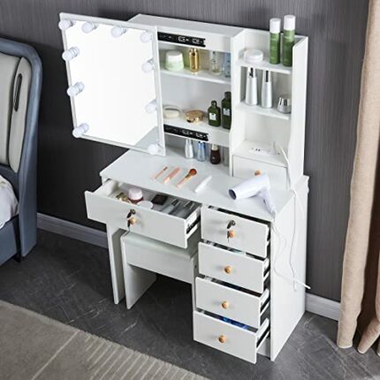 Dradaomull Makeup Dressing Table with Sliding Mirror and Lights, 3 Lighting Modes and Adjustable Brightness Dressing Table with Chair and Lots St