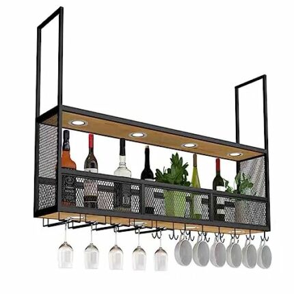 Ceiling Wine Glass Rack, Vintage Bar Floating Shelf Industrial Wine Rack Shelf for Wall Bottles and Glass Holder Organizer Wine Display Shelf for
