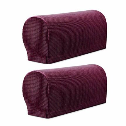 2pcs Jujube Red Sofa Arm Slipcovers Armchair Armrest Cover Couch Set with Twisty Pin Stretch Polyester Fabric Anti-slip Washable Purplish