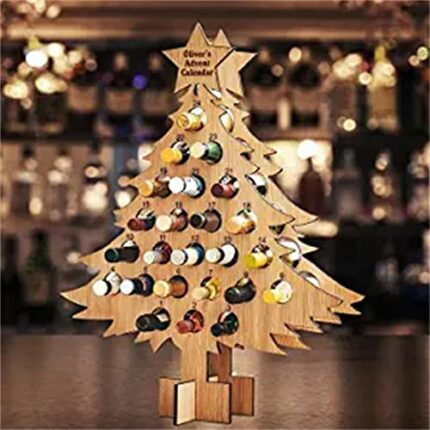 QBOMB Wooden Christmas Countdown Wine Rack Ornaments 24 Bottle Wine Holder Countertop Freestanding Wine Rack Floor Xmas Tree Wine Bottles Stand