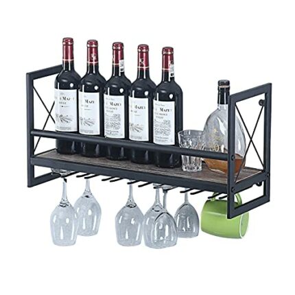 EYLINK Wall Mounted Wine Rack, Metal and Wooden Wine Shelf with Glass Holder Bottle Champagne Goblets Stemware Rack Holders Floating Hanging Rust