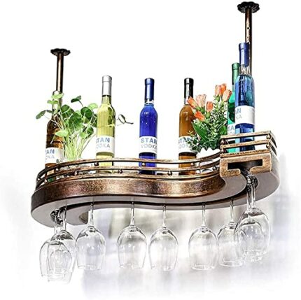 EYLINK Rustic Ceiling Mounted Hanging Wine Racks With Iron Chain Support Frame, Metal Support Cup Holder, Ceiling Decorating Shelf Home Decoratio