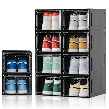 Amllas 10 Pack Shoe Boxes Stackable,Upgraded Sturdy Shoe Storage Boxes with Clear Magnetic Door,Multifunctional Sneaker Storage, Shoe Box Organiz
