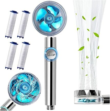 High Pressure Water Saving Shower Head - Propeller - Turbo Fan Drive Jet Shower Head-with Water Stop Button and 4Pcs Filter-360 Degree Rotating S