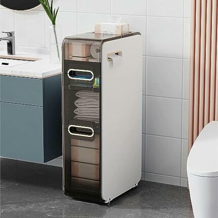 Bathroom Floor Cabinet with Storage Drawers Tower, Large Capacity Slim Toilet Paper Storage Cabinet with Wheels Narrow Dresser Tower for Small Sp