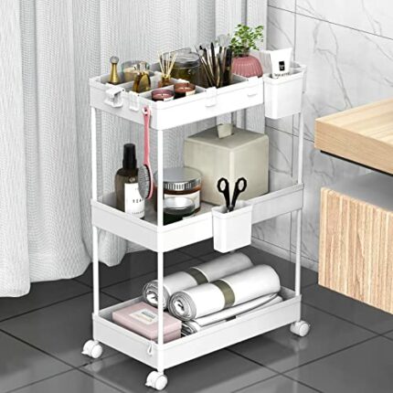 SPACEKEEPER Storage Trolley 3-Tier Rolling Utility Cart Slide Out Shelving Organization Shelf for Laundry Bathroom Kitchen with Small Containers